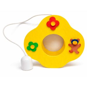 Lampe décorative en bois pour enfant – Jaune avec fleurs et petit ours Lampe décorative en bois jaune pour chambre d’enfant avec fleurs colorées et petit ours