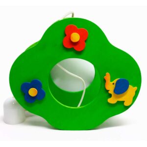 Lampe décorative pour enfant en bois avec animaux – Vue frontale Lampe décorative pour enfant en bois vert avec fleurs et éléphant, vue frontale