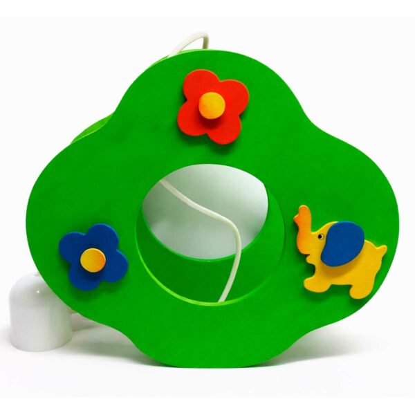Lampe décorative pour enfant en bois vert avec fleurs et éléphant, vue frontale