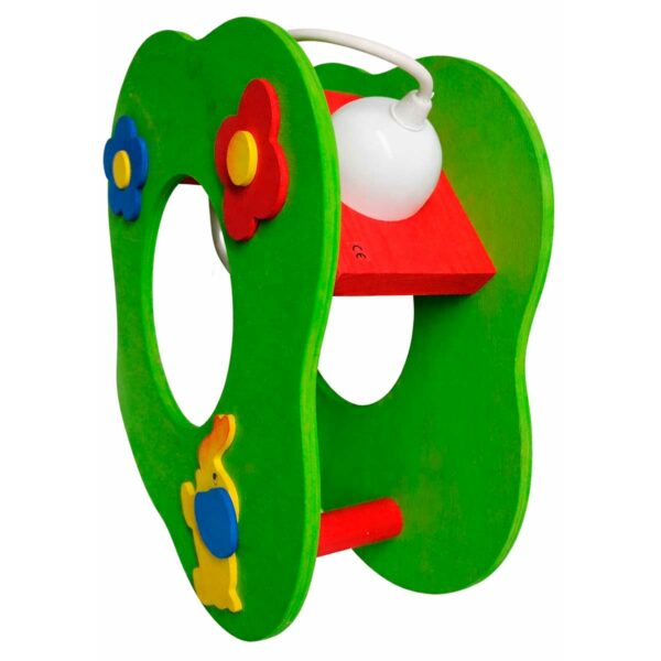 Lampe décorative pour enfant en bois vert avec animaux, photographiée en perspective