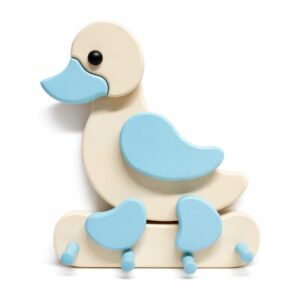 Porte-manteau enfant en bois en forme de canard bleu avec crochets muraux