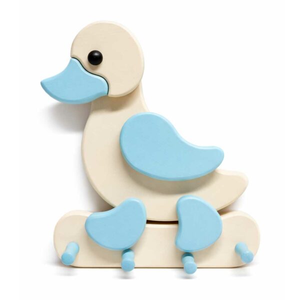 Porte-manteau mural enfant en bois – Canard bleu Porte-manteau enfant en bois en forme de canard bleu avec crochets muraux
