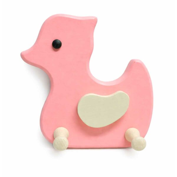 Porte-manteau pour enfant en forme de canard en bois rose avec deux patères