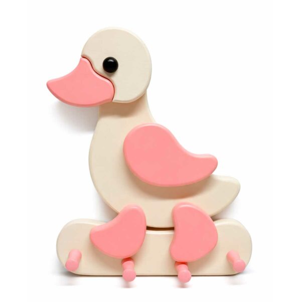 Porte-manteau mural enfant en bois – Canard rose Porte-manteau enfant en bois en forme de canard rose avec crochets muraux