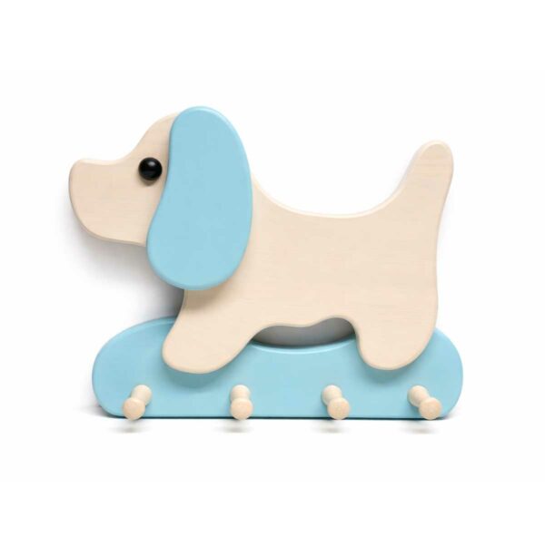 Porte-manteau enfant en bois en forme de chien bleu avec crochets muraux
