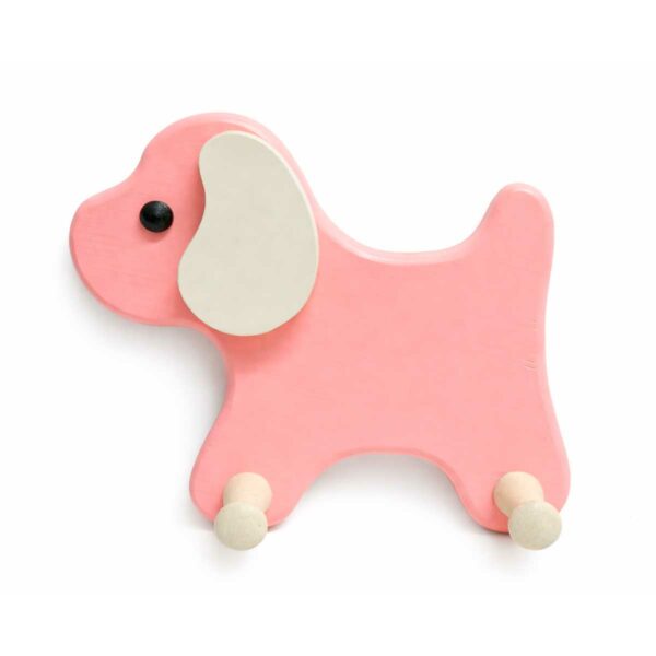 Porte-manteau pour enfant en forme de chien en bois rose avec deux patères