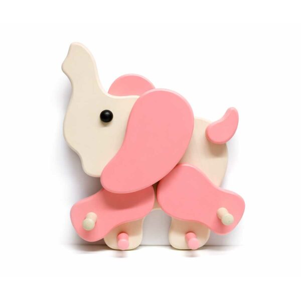 Porte-manteau mural enfant en bois – Éléphant rose Porte-manteau enfant en bois en forme d’éléphant rose avec crochets muraux
