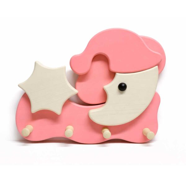 Porte-manteau enfant en bois en forme de lune et étoile rose avec crochets muraux