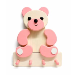 Porte-manteau mural enfant en bois – Ours rose Porte-manteau enfant en bois en forme d’ours rose avec crochets muraux