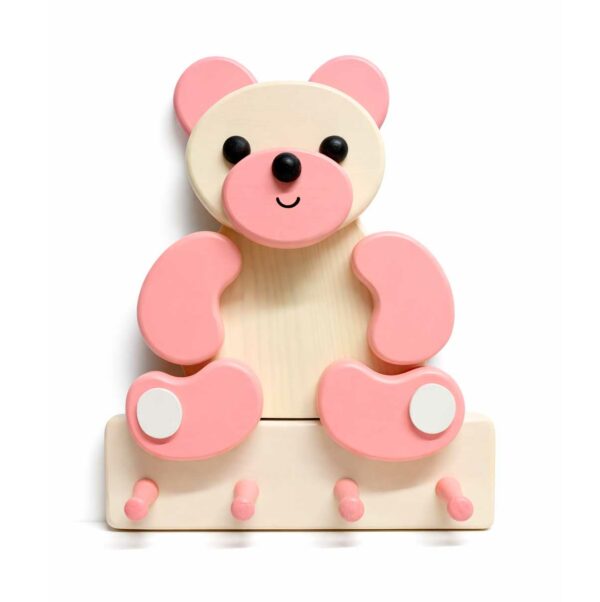 Porte-manteau enfant en bois en forme d’ours rose avec crochets muraux