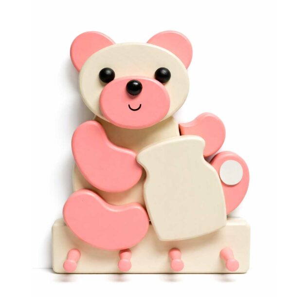 Porte-manteau mural enfant en bois – Ours rose avec pot Porte-manteau enfant en bois en forme d’ours rose avec pot et crochets muraux