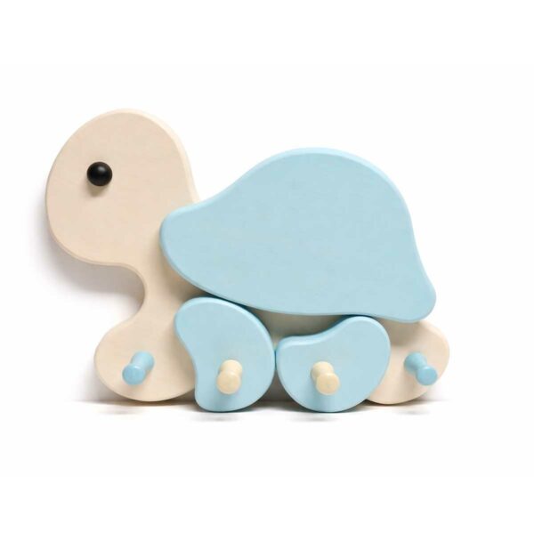 Porte-manteau enfant en bois en forme de tortue bleue avec crochets muraux