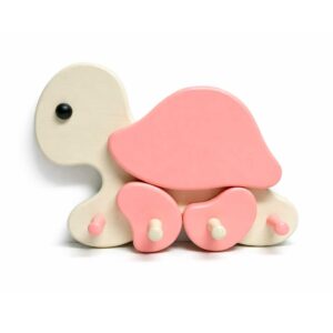 Porte-manteau enfant en bois en forme de tortue rose avec crochets muraux