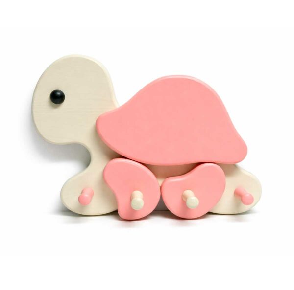 Porte-manteau enfant en bois en forme de tortue rose avec crochets muraux