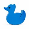 Bouton de meuble enfant en bois en forme de canard bleu, vue de côté