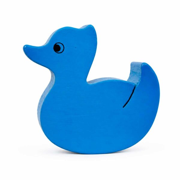 Bouton de meuble enfant en bois en forme de canard bleu, vue de côté