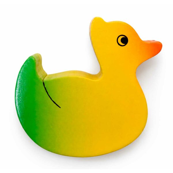 Bouton de meuble enfant en bois en forme de canard jaune, vert et orange