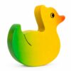 Bouton de meuble enfant en bois en forme de canard jaune, vert et orange, vue de côté