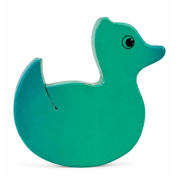 Bouton de meuble enfant en bois en forme de canard vert orienté vers la droite