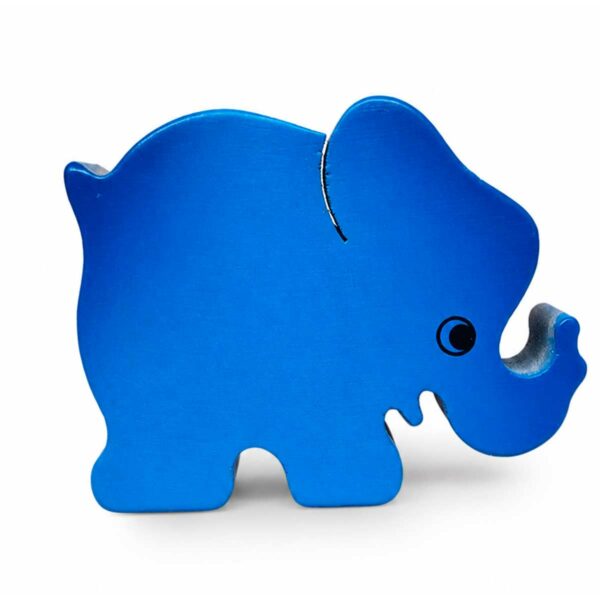Bouton de meuble enfant en bois en forme d’éléphant bleu orienté vers la droite