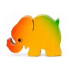 Bouton de meuble enfant en bois en forme d’éléphant jaune, orange et vert orienté vers la gauche