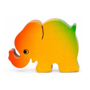 Bouton de meuble enfant en bois en forme d’éléphant jaune, orange et vert orienté vers la gauche