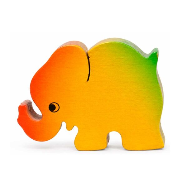 Bouton de meuble enfant en bois en forme d’éléphant jaune, orange et vert orienté vers la gauche