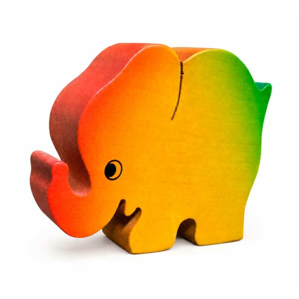 Bouton de meuble enfant éléphant jaune, orange et vert en bois orienté vers la gauche, vue en perspective