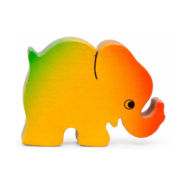 Bouton de meuble enfant en bois en forme d’éléphant jaune, orange et vert orienté vers la droite