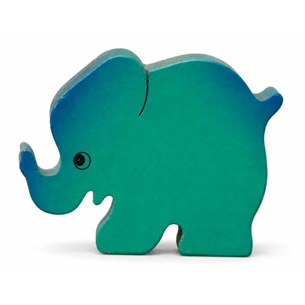 Bouton de meuble enfant en bois en forme d’éléphant vert et bleu orienté vers la gauche