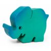 Bouton de meuble enfant éléphant vert et bleu en bois orienté vers la gauche, vue en perspective