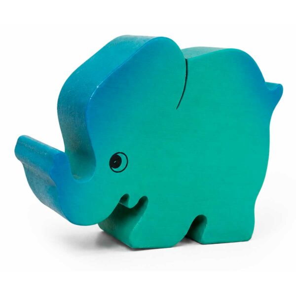 Bouton de meuble enfant éléphant vert et bleu en bois orienté vers la gauche, vue en perspective