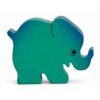 Bouton de meuble enfant en bois en forme d’éléphant vert et bleu orienté vers la droite