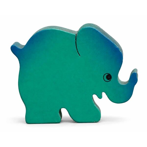 Bouton de meuble enfant en bois en forme d’éléphant vert et bleu orienté vers la droite