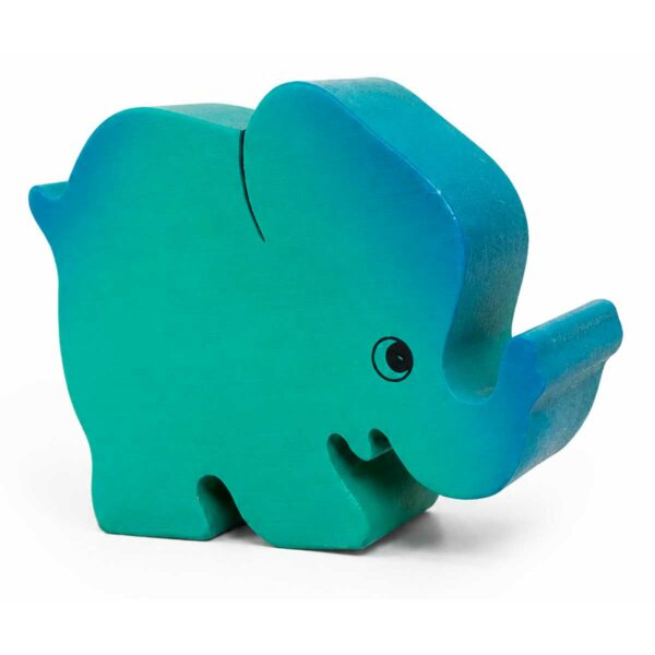 Bouton de meuble enfant éléphant vert et bleu en bois orienté vers la droite, vue en perspective