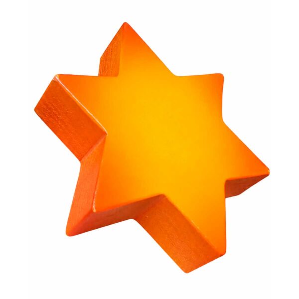 Orange wooden star children's furniture knob – side view Bouton de meuble enfant en bois en forme d’étoile orange, vue de côté