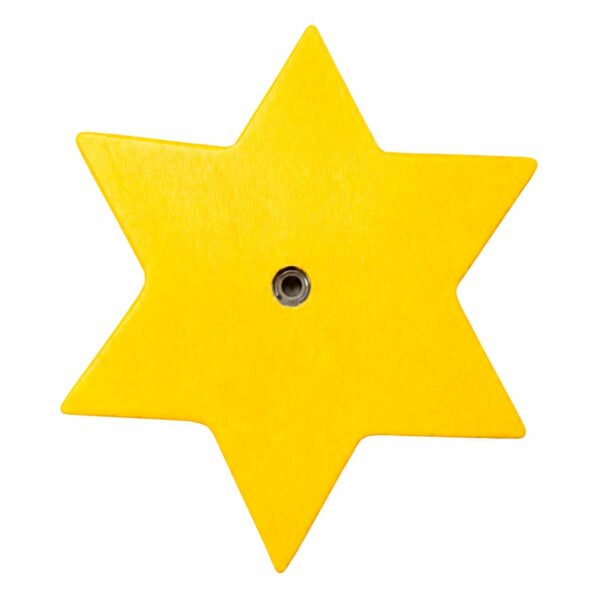 Back of yellow star children's furniture button made of wood Vue arrière d’un bouton de meuble enfant en bois en forme d’étoile jaune avec insert de fixation