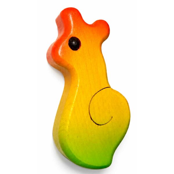Bouton de meuble enfant en bois en forme d’escargot jaune, vert et orange, vue de côté