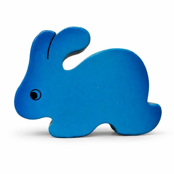 Bouton de meuble enfant en bois en forme de lapin bleu orienté vers la gauche