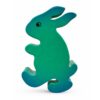 Bouton de meuble enfant en bois en forme de lapin debout vert et bleu orienté vers la gauche