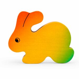 Bouton de meuble enfant en bois en forme de lapin jaune, orange et vert orienté vers la gauche
