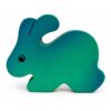 Bouton de meuble enfant en bois en forme de lapin vert et bleu orienté vers la gauche