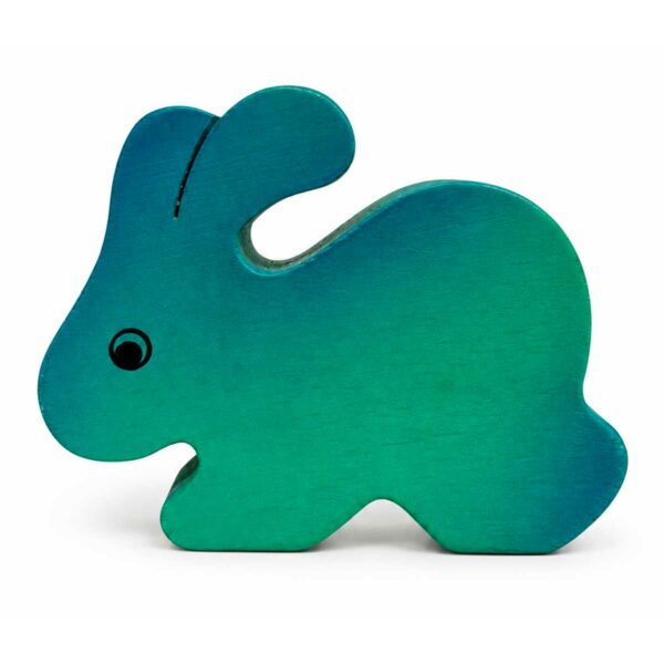 Bouton de meuble enfant en bois en forme de lapin vert et bleu orienté vers la gauche