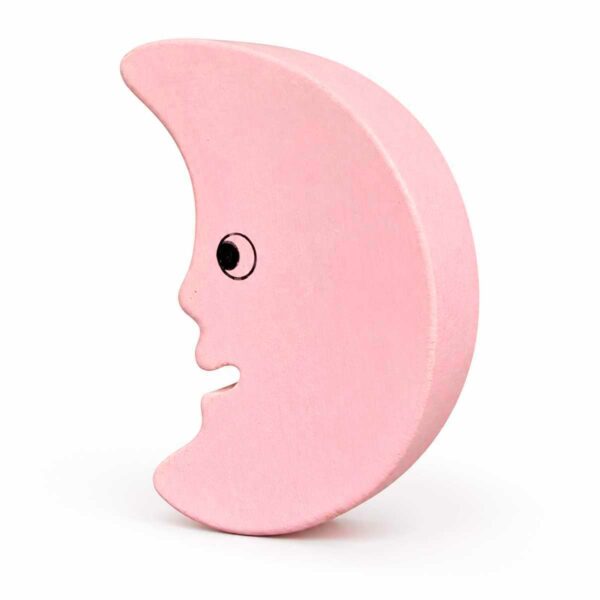 Bouton de meuble enfant lune rose en bois – vue de côté Bouton de meuble enfant en bois en forme de lune rose, vue de côté
