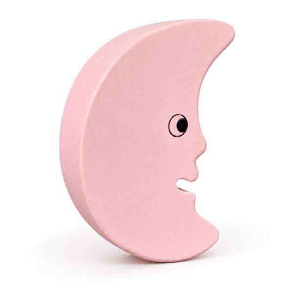 Bouton de meuble enfant lune rose en bois – vue de côté droit Bouton de meuble enfant en bois en forme de lune rose, vue de côté droit