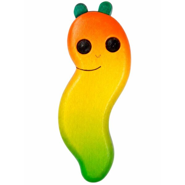 Bouton de meuble enfant en bois en forme de chenille orange, jaune et verte