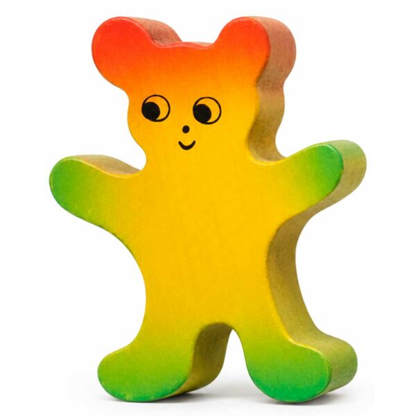 Bouton de meuble enfant ours jaune, orange et vert en bois – vue de côté Bouton de meuble enfant en bois en forme d’ours jaune, orange et vert, vue de côté