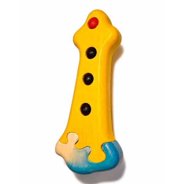 Bouton de meuble enfant en bois en forme de phare jaune et bleu, vue de côté