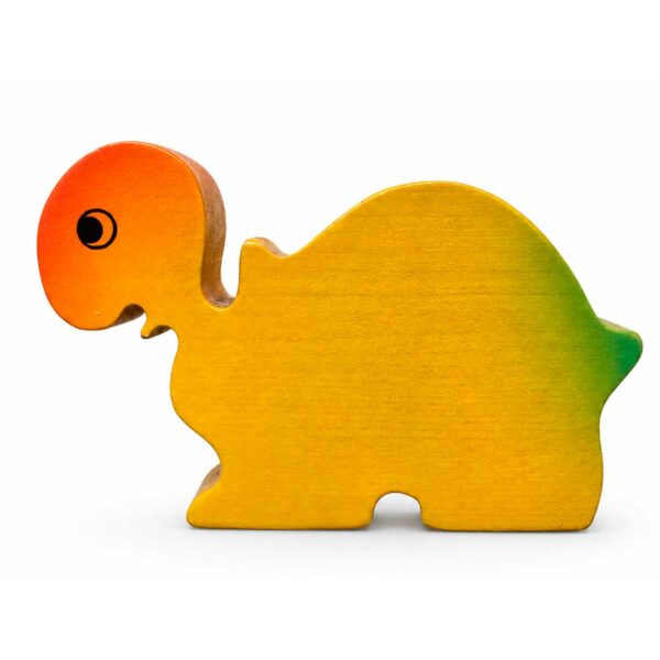Bouton de meuble enfant en bois en forme de tortue jaune, orange et verte orientée vers la gauche