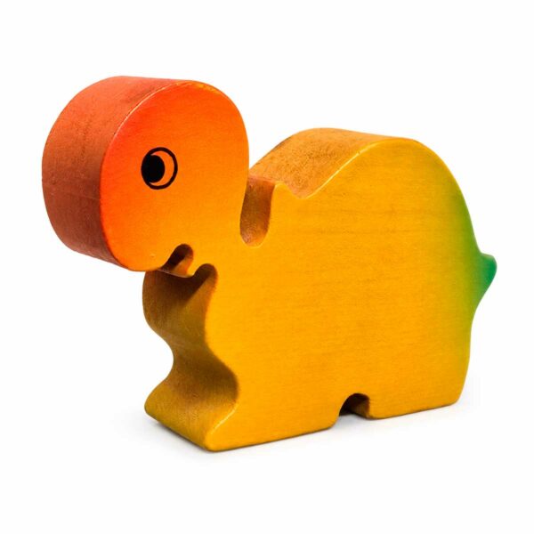 Bouton de meuble enfant en bois en forme de tortue jaune, orange et verte, vue de côté